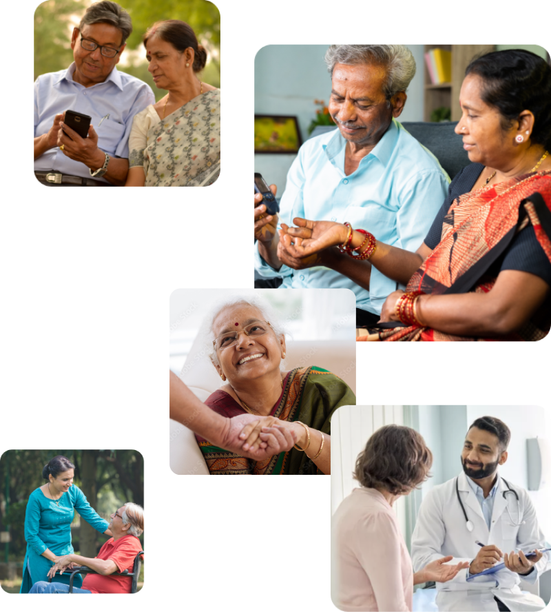 Montage of images of seniors and couples in India enjoying life and receiving care.